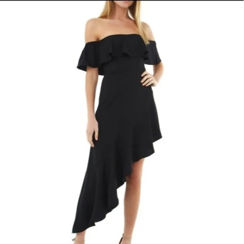 Amanda Uprichard X PYRMD solid black Camellia off the shoulder asymmetric dress